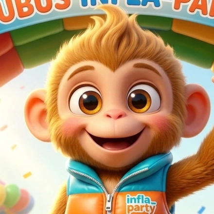 Bubu la mascota sonriendo feliz en Infla Party